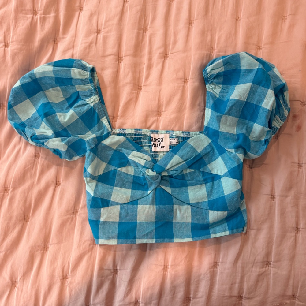 Princess Polly Blue Gingham Puff-Sleeve Crop Top